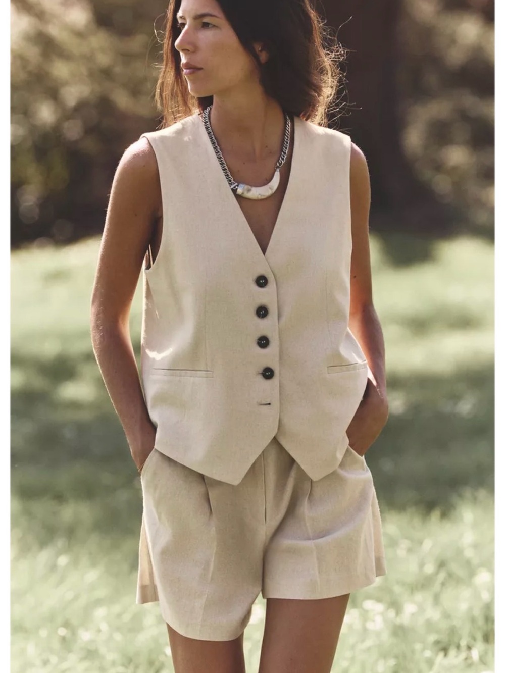 Zara Cream Sleeveless Vest & High-Waist Shorts Set - Cream